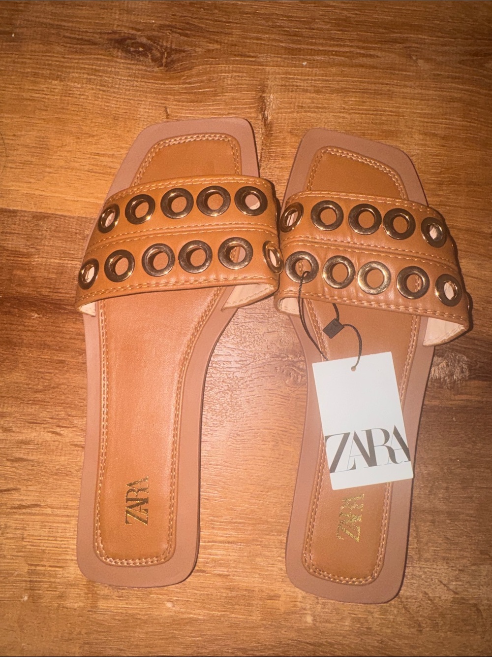 NWT Zara Tan Brown Studded Eyelet Grommet Flat Sandals